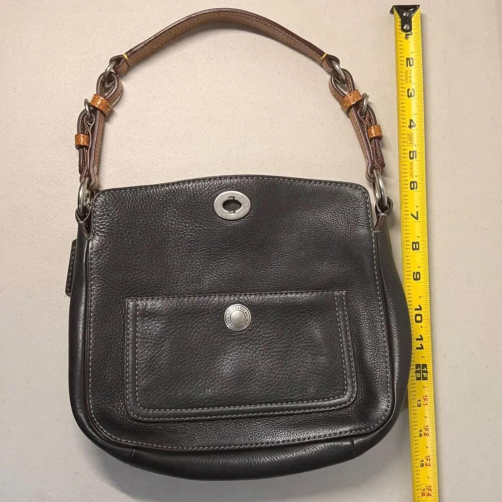 Coach Chelsea Pebbled Black Leather Hobo Handbag Brown Strap - Picture 12 of 14